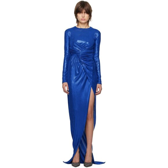 Balmain Womens Draped Laminated Jersey Long Dress in Bleu Electric 38 New Gown - Picture 12 of 16